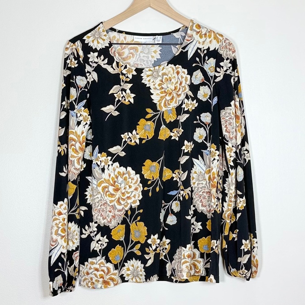 Susan Graver Womens Liquid Knit Top Size S Black Floral Foil Print Long Sleeve
